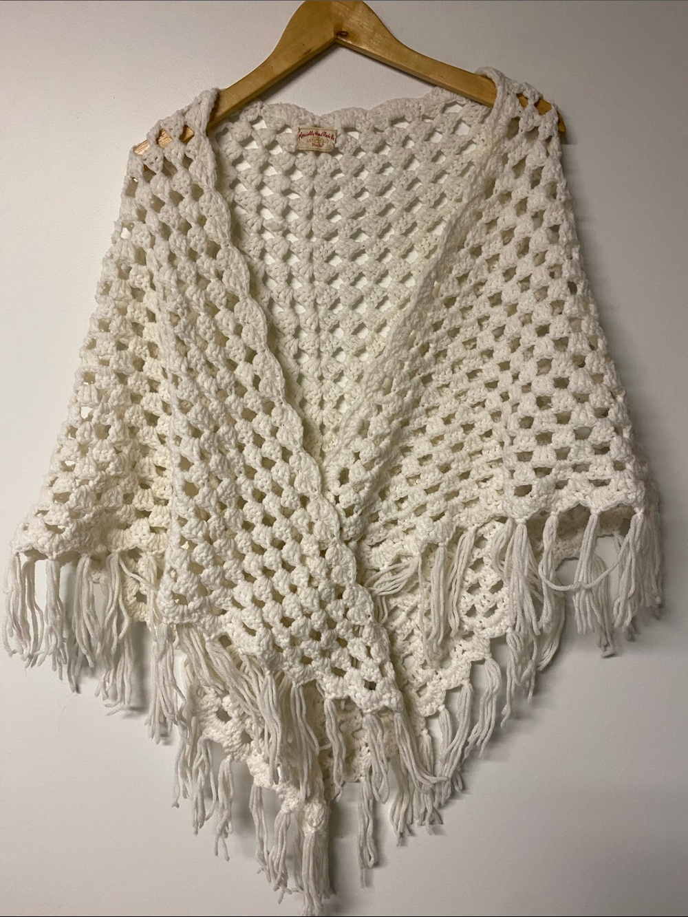 Hand-Crocheted Fringe Poncho Shrug - Cream